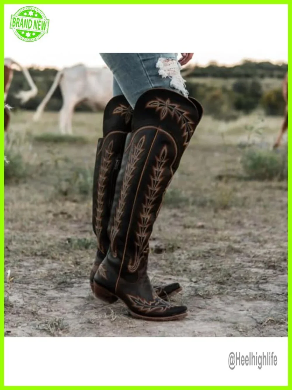 Over the Knee Cowboy Boots Chunky Heel Side Zipper Thigh High Western Boots